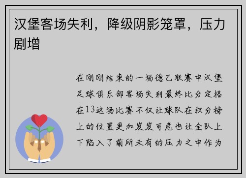 汉堡客场失利，降级阴影笼罩，压力剧增