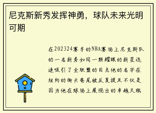 尼克斯新秀发挥神勇，球队未来光明可期